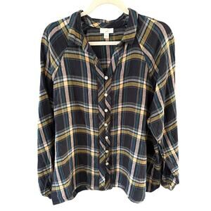 J. Jill Womens Button Up Plaid Top Large Cotton Modal Mother of Pearl Buttons